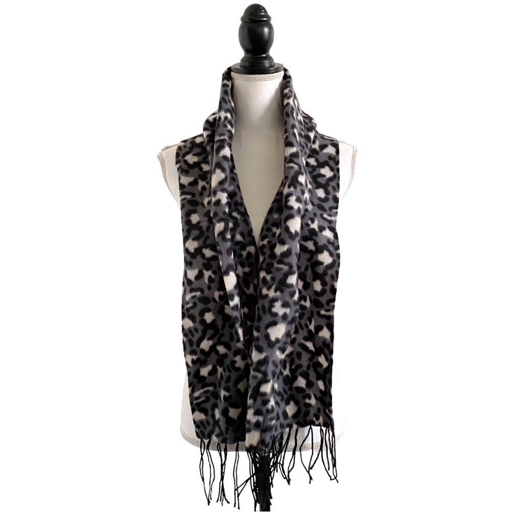 Cheetah Print Polar Fleece Winter Scarf Gray Black & White Ladies OSFM